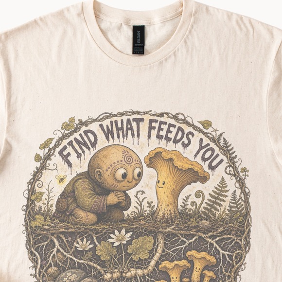 Gildan Tops - Underground Garden Graphic Tee Whimsical Mushroom Botanical Art Natural